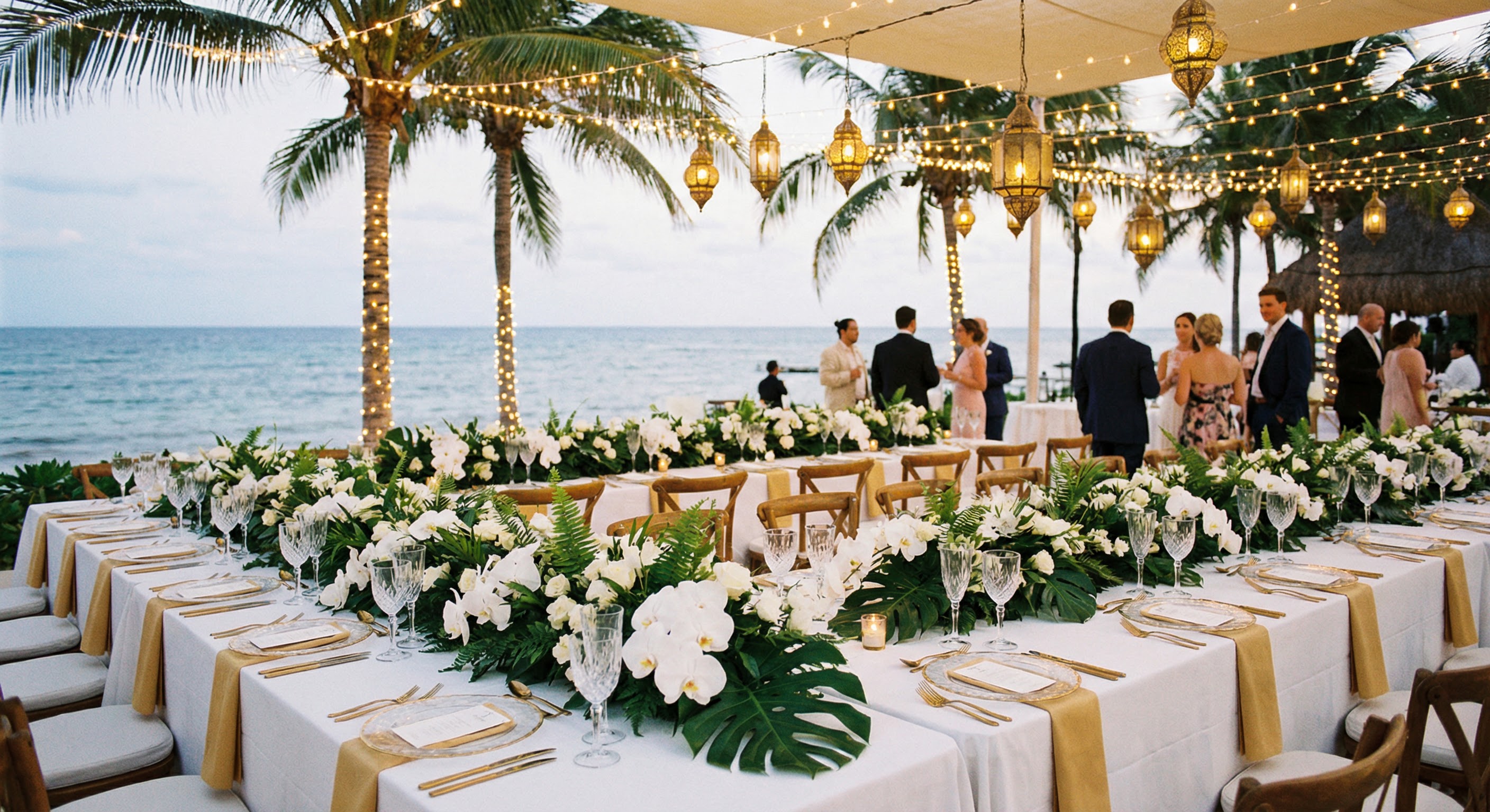 Elegant tropical wedding reception with ocean views