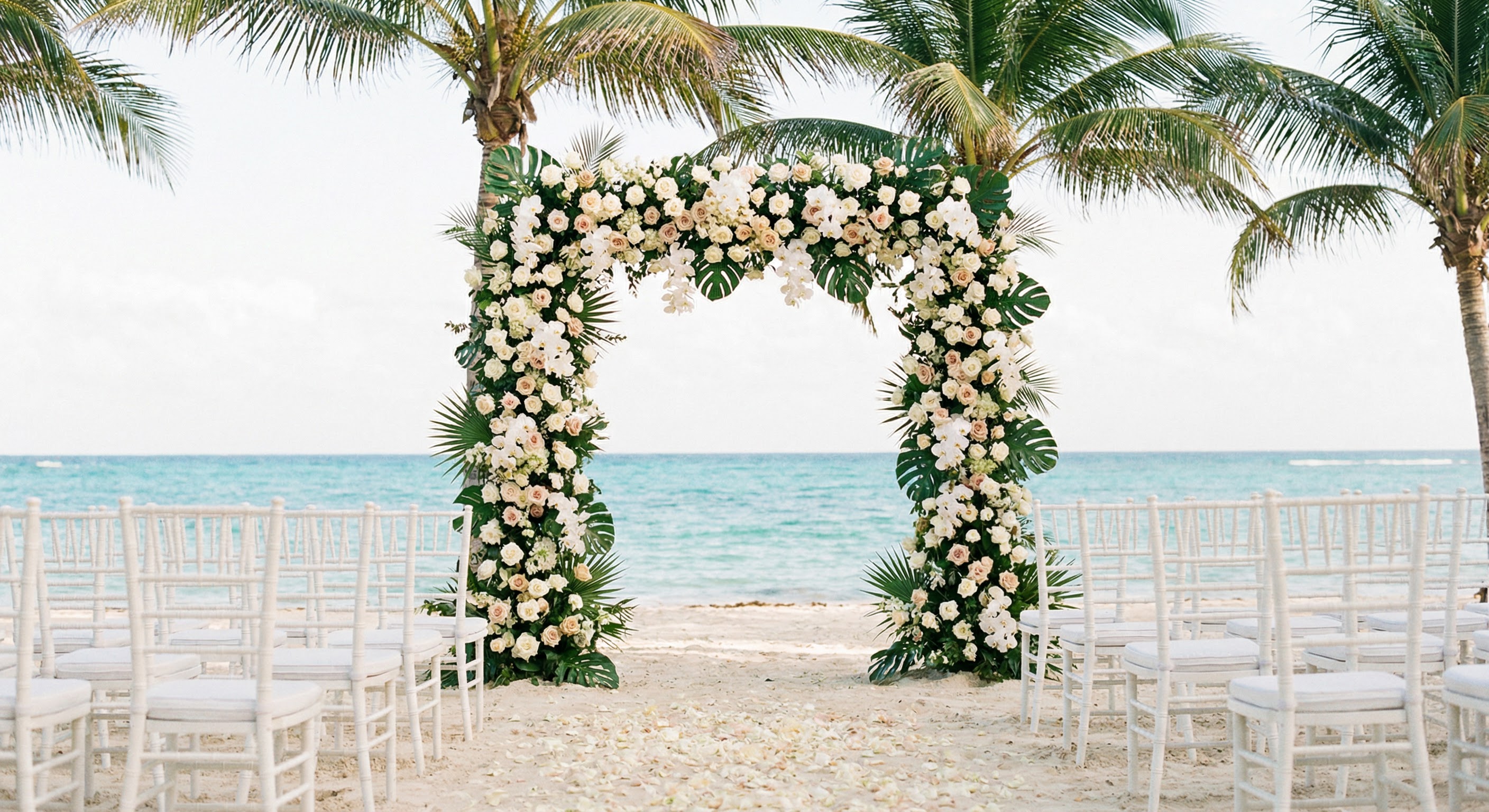 Beach wedding ceremony setup with floral arch